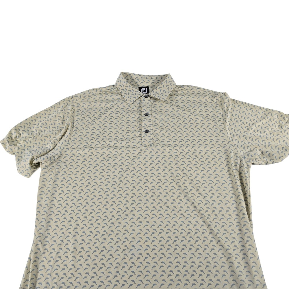 FootJoy Mens XL Dolphin Print Golf Polo Shirt Cream Blue Short Sleeve FJ Logo